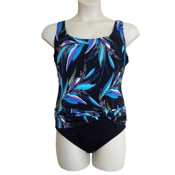 Great Lengths Black Tropical Foliage Print One-Piece Bathing Suit - Picture 1 of 8